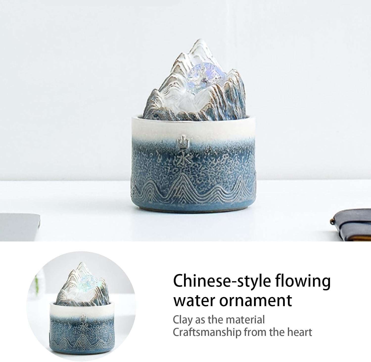 Tabletop Water Fountain, Crystal Ball with LED Lights, Ceramic Zen Desktop, Relaxation Decor for Home Office Living Room(Blue White)