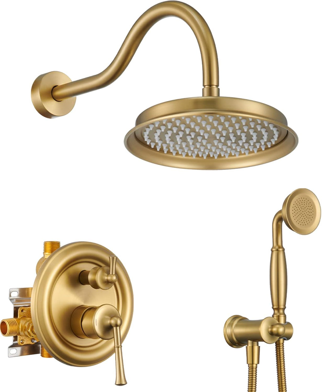 Roman Bathroom Faucet Set, Centerset Sink Faucet 2 Hole with Pop Up Drain, Free Standing Tub Faucet Filler with High Pressure Handheld Shower, Brushed Gold