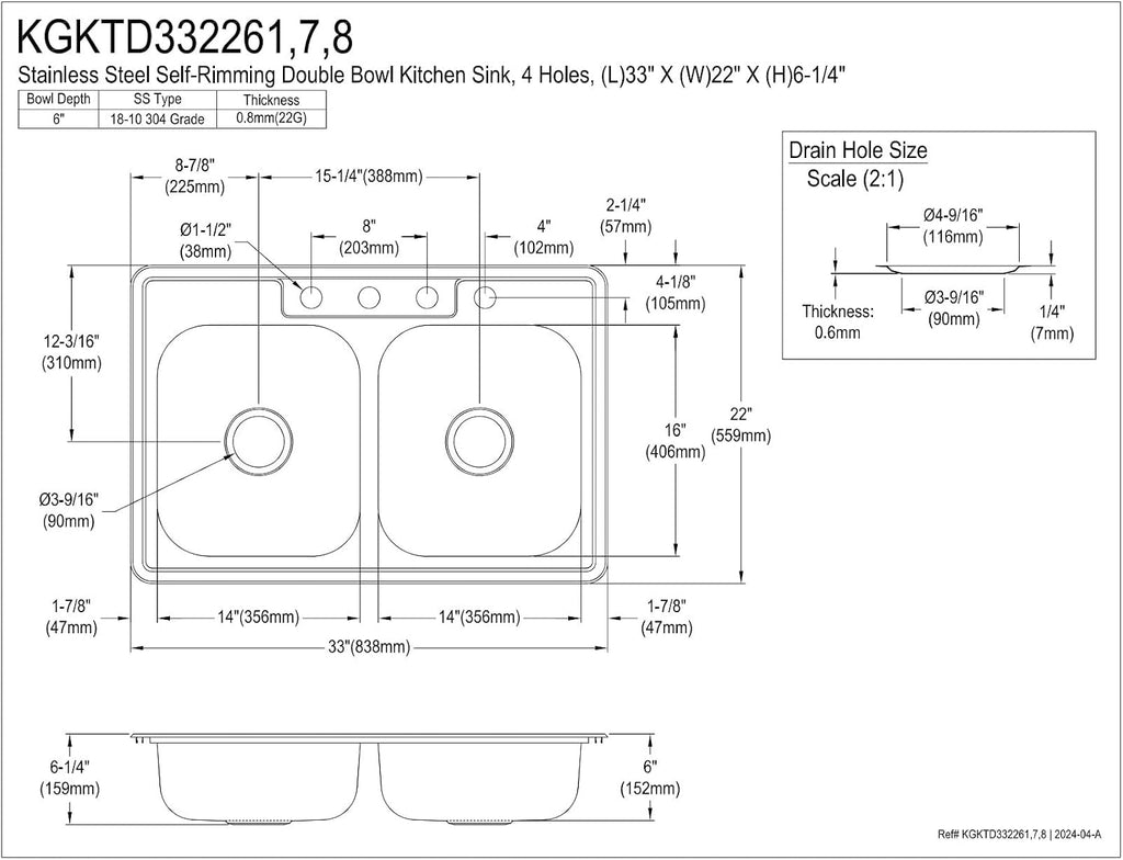 Kingston Brass Studio KGKTD332267 33' Stainless Steel Self-Rimming Double Bowl Drop-In Kitchen Sink with 4-Hole Drain and Strainer, Stainless Steel/Brushed Brass