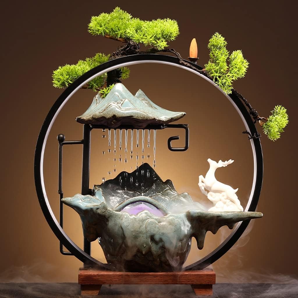 HIHELO Desktop Fountain Tabletop Fountain Chinese Ceramic Water Fountain Desktop Waterfall Fountain Office Decoration Ornaments Water Fountain Outdoor (Color : B)
