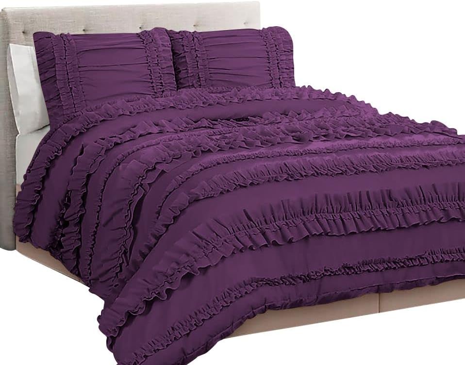 1 Piece Full Ruffles Layers Duvet Cover with Zipper Closure, 100% Egyptian Cotton, 1000 Thread Cotton - Full/Queen Size - Plum Solid