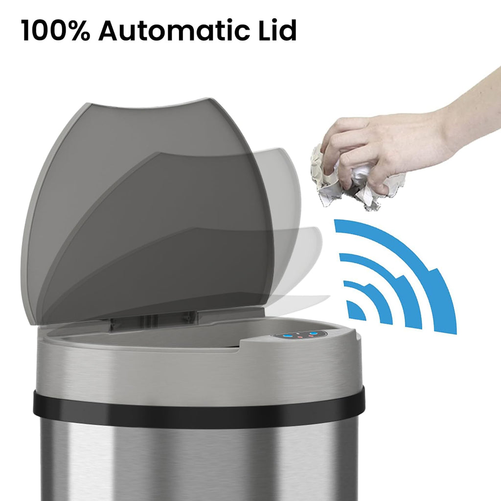 iTouchless 13 Gallon Semi-Round Extra-Wide Opening Sensor Touchless Trash Can with Odor Control System, Automatic Space Saving Stainless Steel Silver Garbage Bin for Home Kitchen and Office