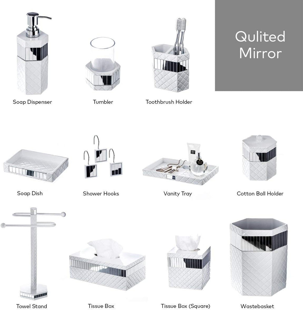 Creative Scents Quilted Mirror White Bathroom Accessories Set - 7 Pc Bathroom Set Includes Trash Can, Tissue Cover, Vanity Tray, Soap Dispenser, Toothbrush Holder, Tumbler & Soap Dish (Quilted Mirror)