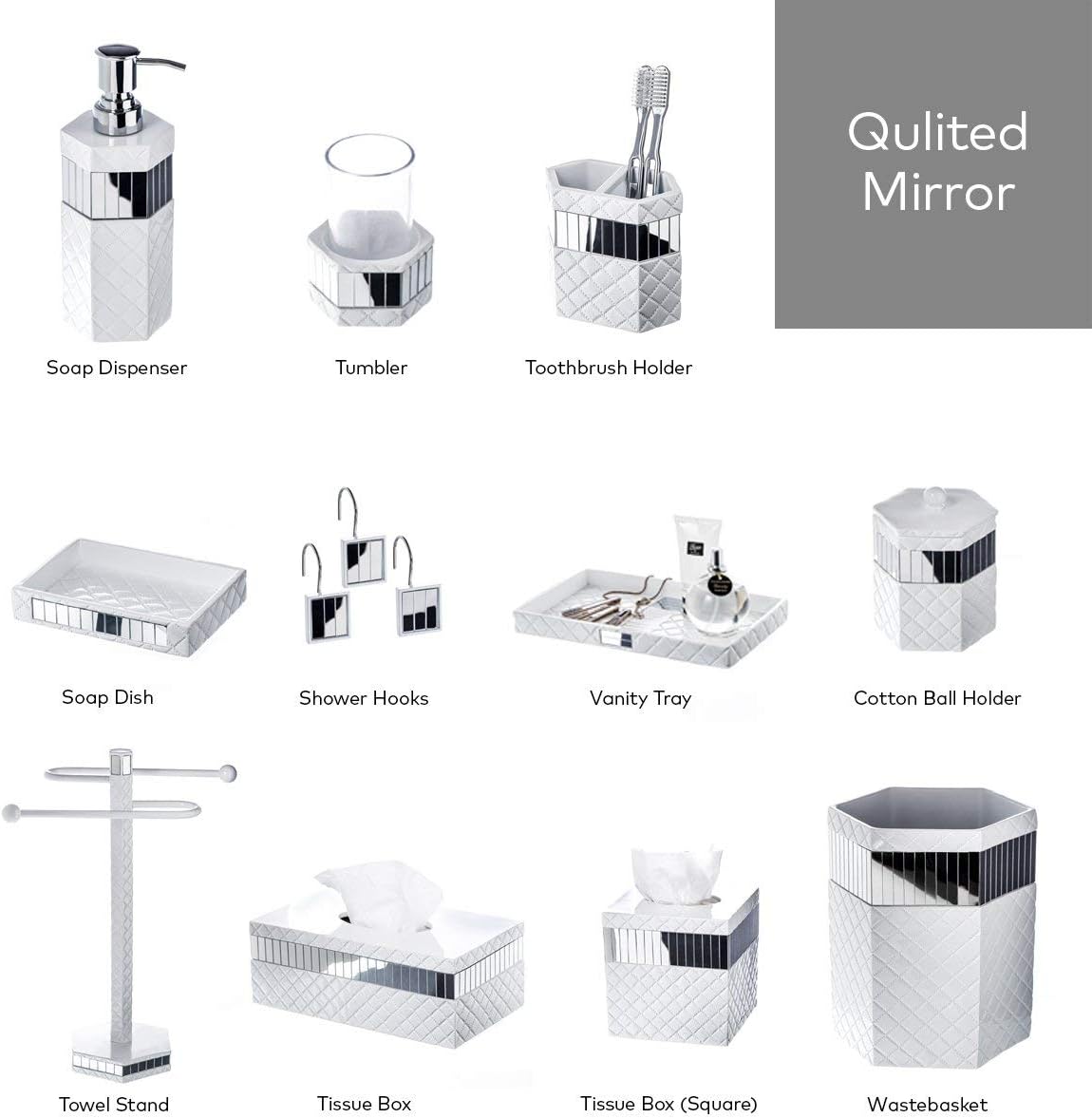 Creative Scents Quilted Mirror White Bathroom Accessories Set - 7 Pc Bathroom Set Includes Trash Can, Tissue Cover, Vanity Tray, Soap Dispenser, Toothbrush Holder, Tumbler & Soap Dish (Quilted Mirror)