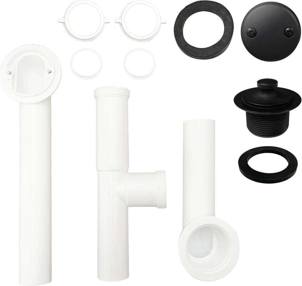 Westbrass 597244-4-62 14' White Poly Tubular Bath Waste & Overflow Assembly with 2-Hole Faceplate and Pull To Close Drain Plug, Matte Black (4-Pack)