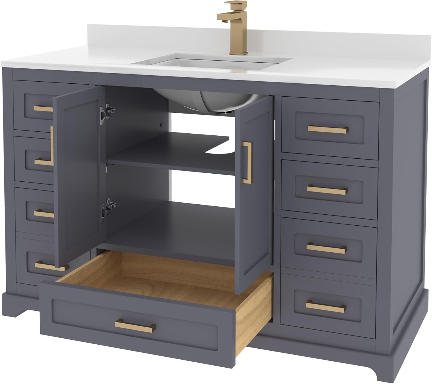 Ayna Decors Maya 48 Inch Single Vanity with Sink and Quartz Countertop in Charcoal Grey, Freestanding Bathroom Vanities with Soft Close Doors and Drawers - Brushed Gold Hardware