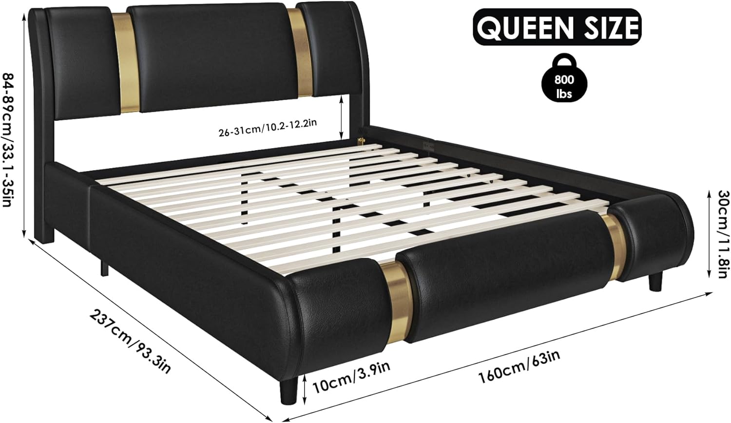 TTVIEW Modern Faux Leather Upholstered Platform Bed Frame with Golden Iron Metal Decor, Adjustable Curved Headboard, Wooden Slats Support, No Box Spring Needed, Queen Size, Black