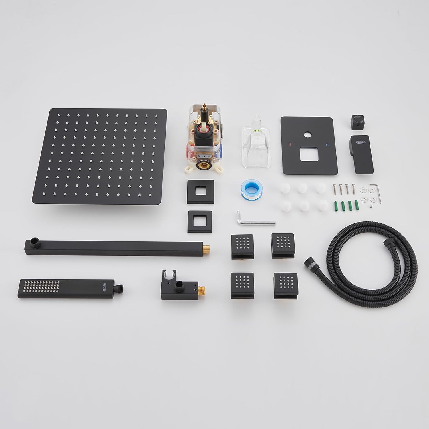Iriber Mattle Black Square Rain Shower System with 4 PCS Body Jets 3 Function Shower Faucet Set Contain 12 Inch Shower Head and Handheld Wall Mounted Pressure Balance Shower Trim Kit (Valve Included)