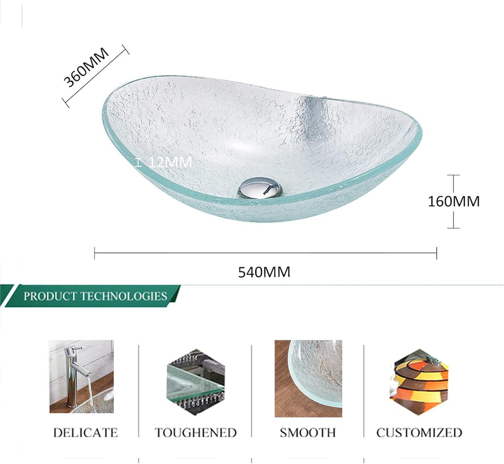 Tempered Glass Vessel Bowl Sink, Top Mount Installation Bathroom Sinks Above Counter, Oval Boat Vanity Countertop Sink Bowl with Chrome Faucet,Single Basin Set (Single Basin)