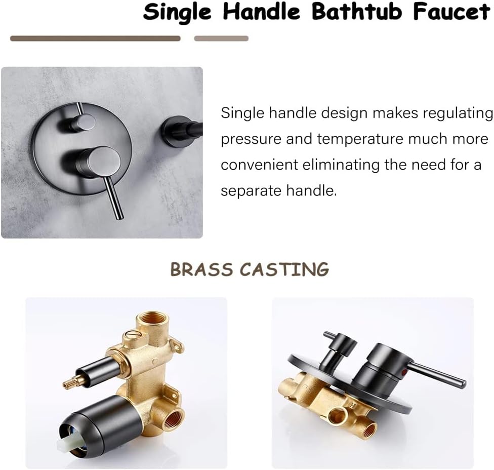 Bathtub Faucet with Shower, Tub Taps Hot and Cold Bathroom Faucet Brushed Brass Shower Faucet Diverter, with Wall Mount Spout Handheld Hose Bathtub Filler Mixer Tap Set, Gray