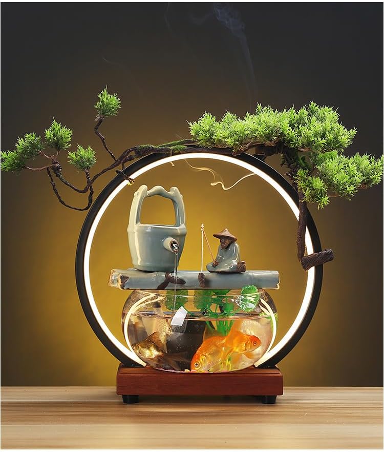 Fish Tank Feng Shui Tabletop Fountain with LED Light, Submersible Water Pump, No Filter or Battery Needed, Small Waterfall Fountain for Indoor Outdoor Garden Decoration (C)(C)