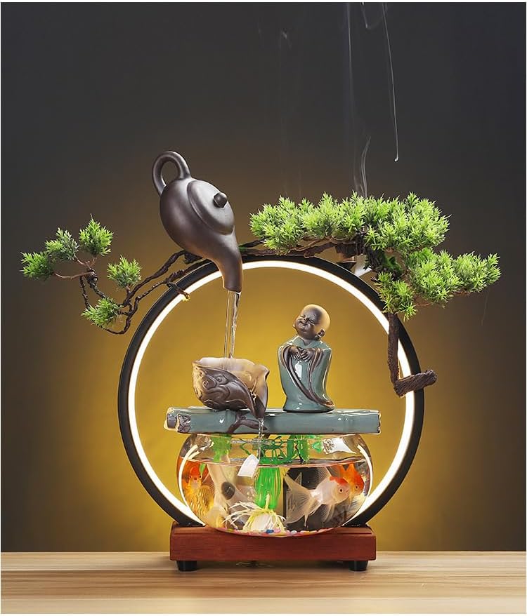 Fish Tank Feng Shui Tabletop Fountain with LED Light, Submersible Water Pump, No Filter or Battery Needed, Small Waterfall Fountain for Indoor Outdoor Garden Decoration (C)(B)