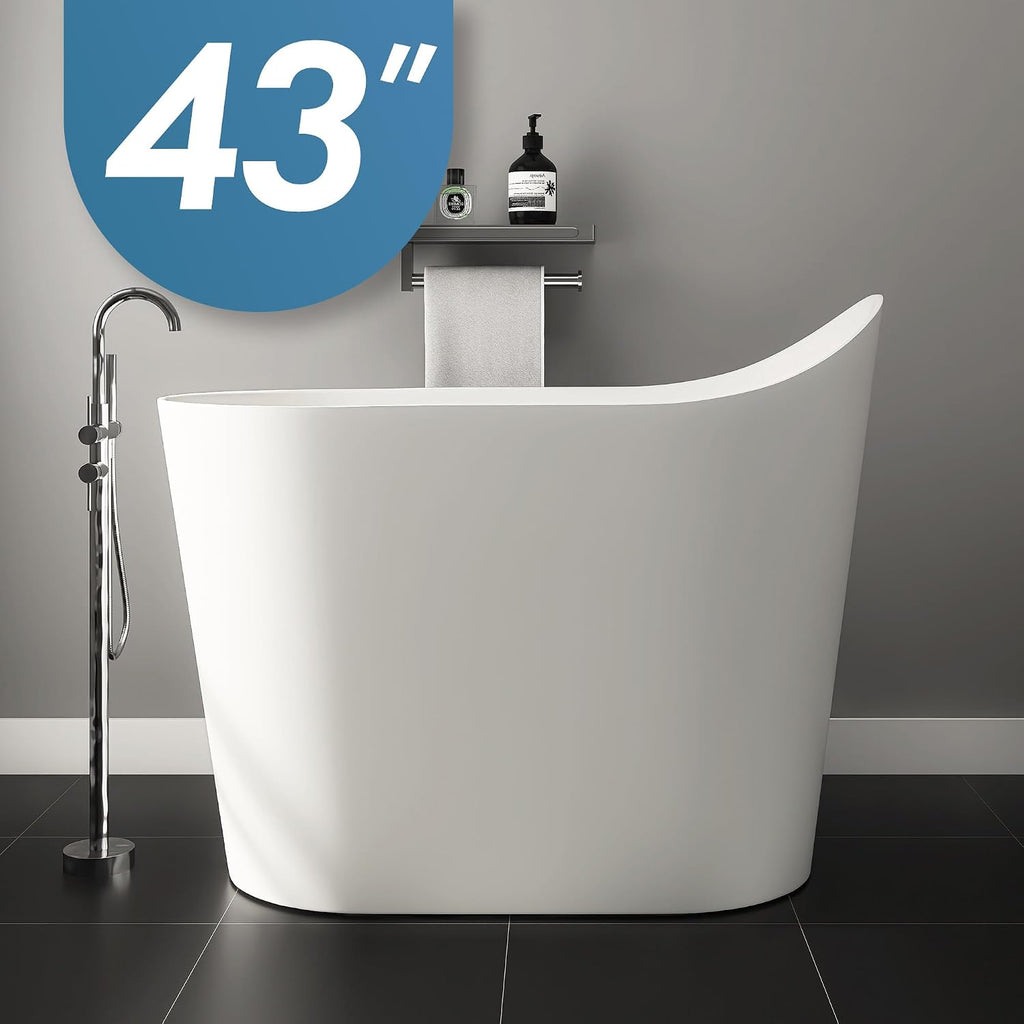 43' Stone Resin Janpanese Soaking Tub, Freestanding Deep Soaking Bathtub with Seat Desgin,Toe-tap Chrome Right Drain, Slotted Overflow, cUPC Certified, Matte White AMG026-1100