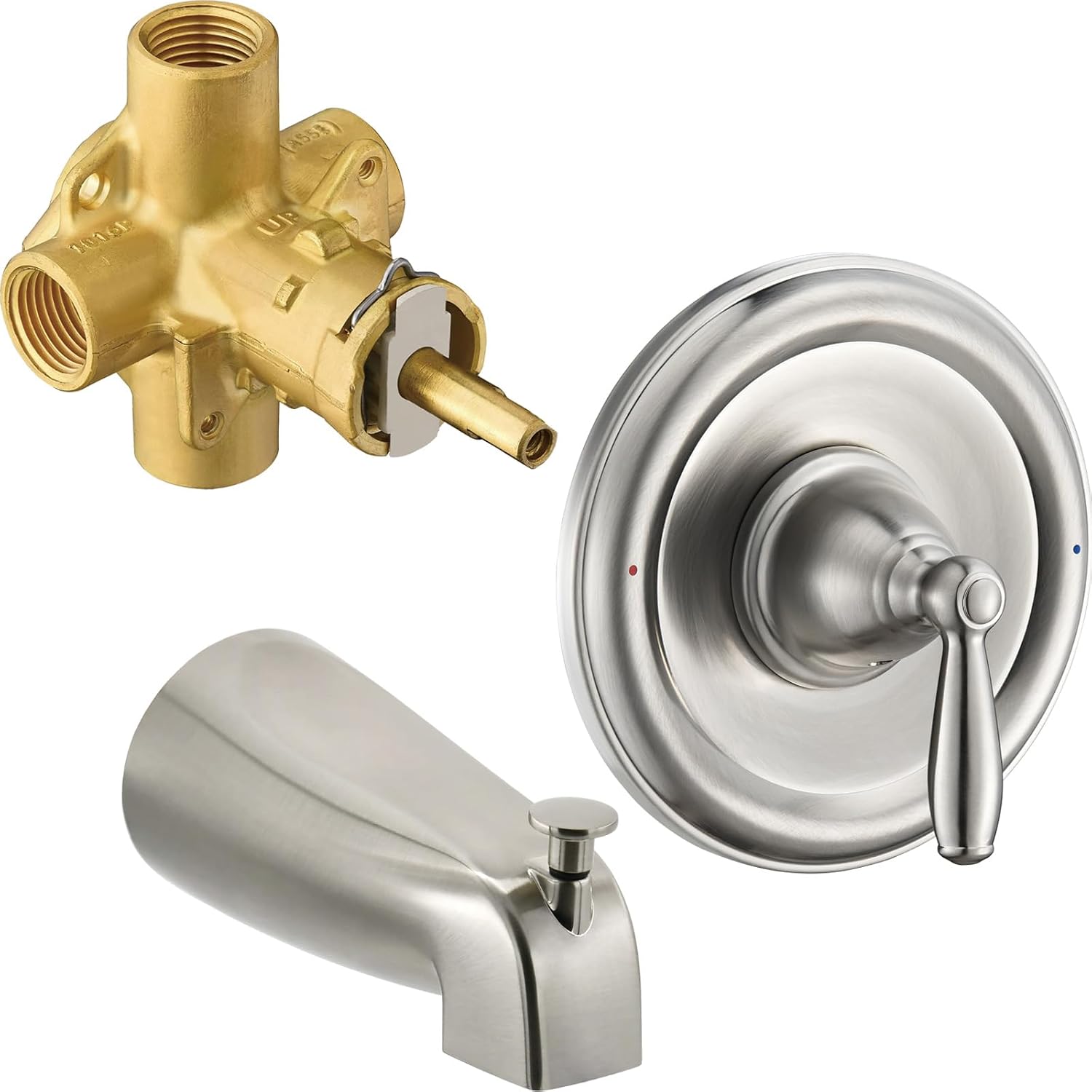 Tearel Replacement for Moen Posi Temp Shower Valve and Trim Kit, Complete Set for Tub and Shower Faucet, Includes Valve Body, Handle, Escutcheon Plate, Tub Spout, Brushed Nickel