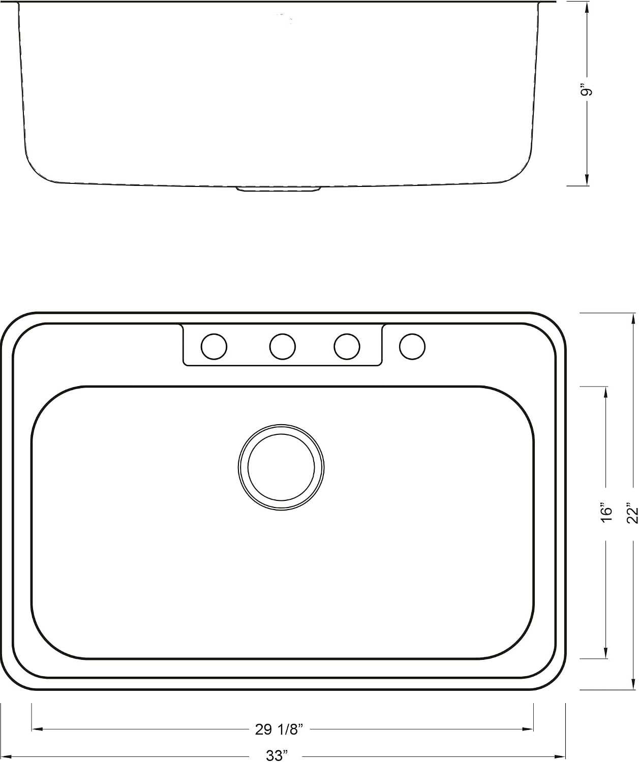 CozyBlock 33 x 22 x 9 Inch Top-mount/Drop-in Stainless Steel Single Bowl Kitchen Sink with Strainer and Silicon Dishrack - 18 Gauge Stainless Steel-4 Faucet Hole