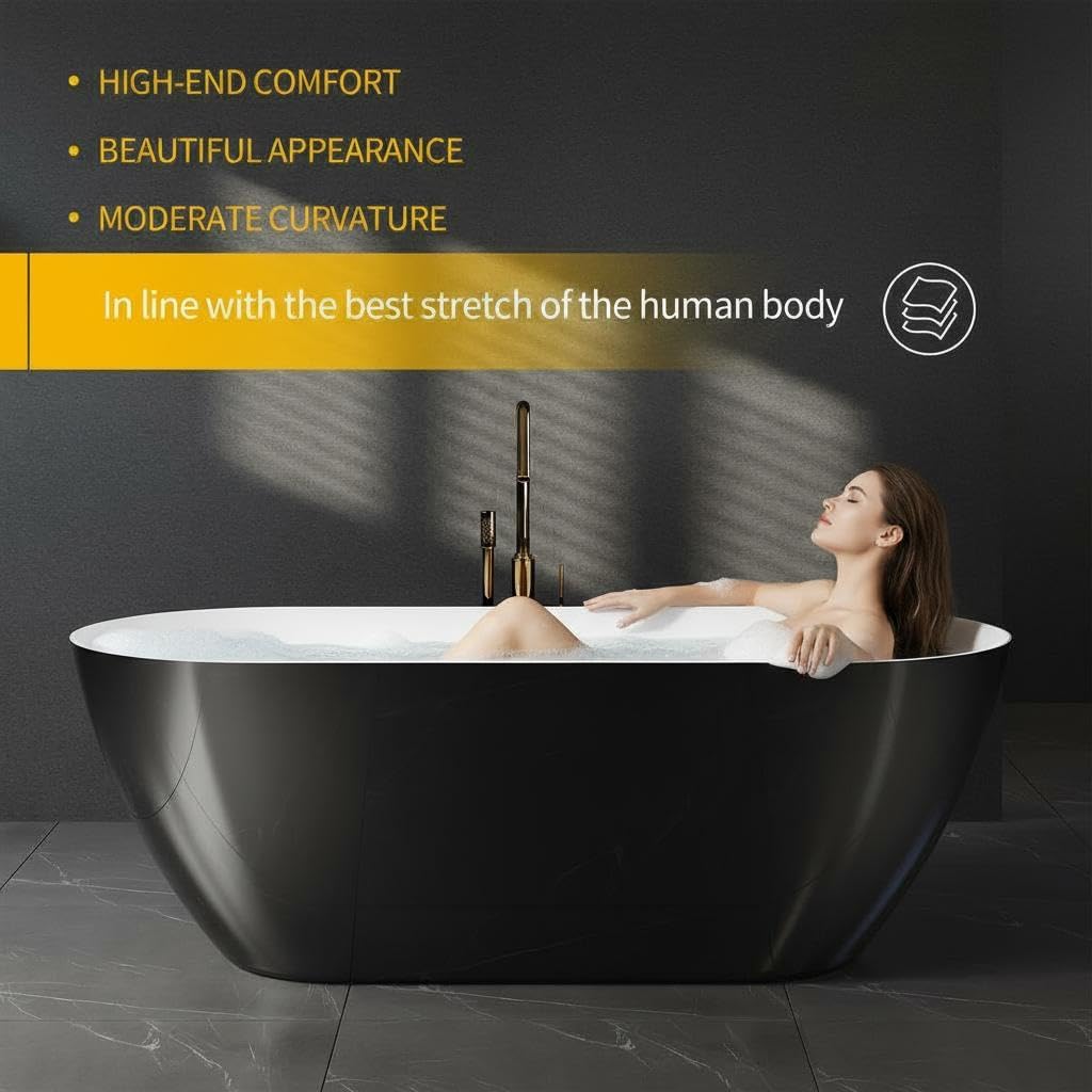 GarveeHome 67 Inch Acrylic Freestanding Bathtub, Deep Soaking Tub with White Interior Black Exterior, Modern Oval Stand Alone Bath Tub for Bathroom, Non-Slip, Easy Install, Chrome Overflow & Drain