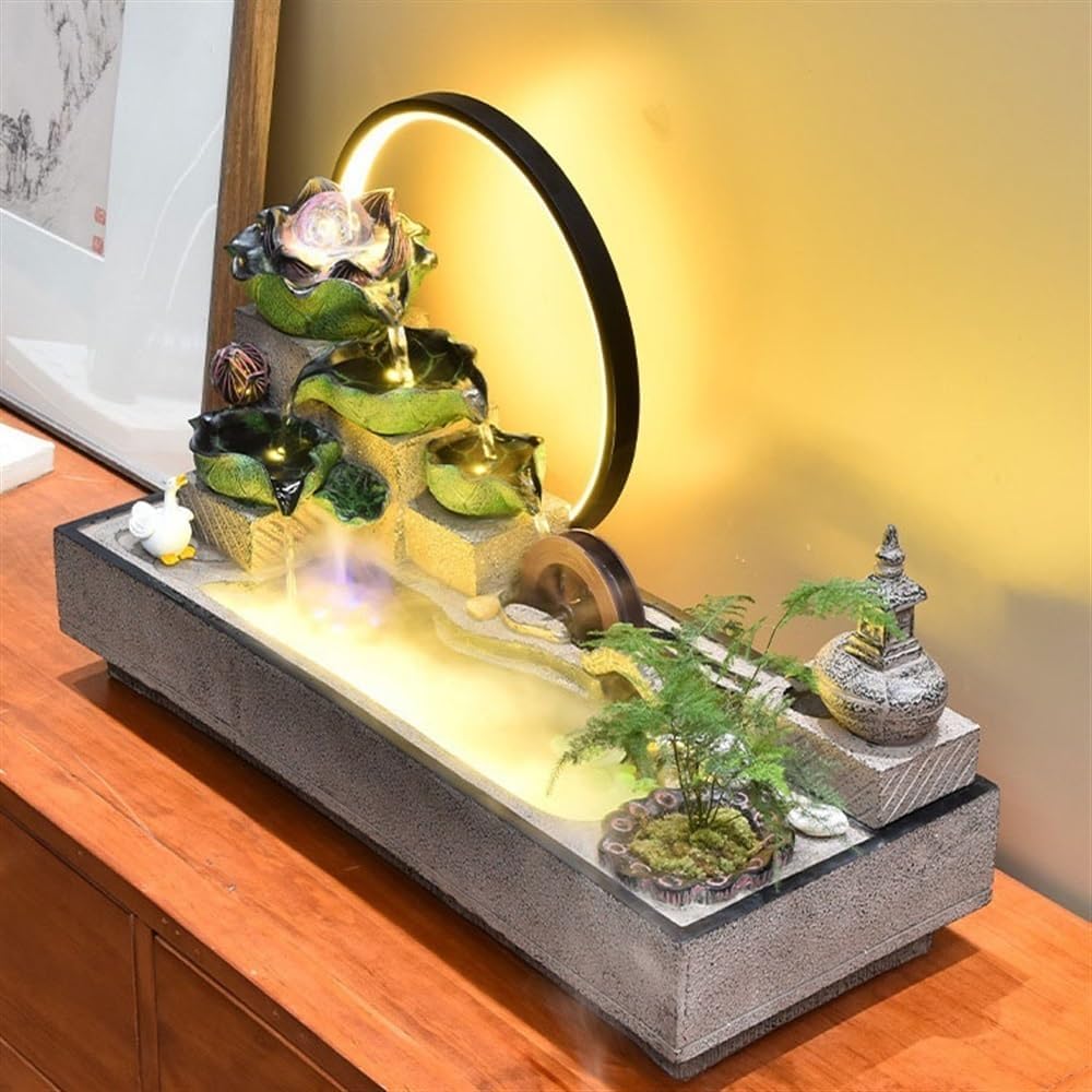 GRFIT Indoor Fountain Zen Ornament for Desk, Lotus Landscape, Flowing Water Ornament, Circulating Water Fountain Tabletop Fountain