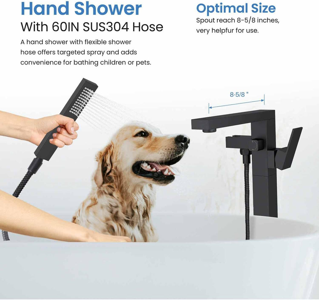 KIBI Freestanding Bathtub Faucet with Hand Shower, Floor Mounted Tub Filler - Single Handle Solid Brass Bathroom Faucet with 360 Swivel Spout, Cube Matte Black
