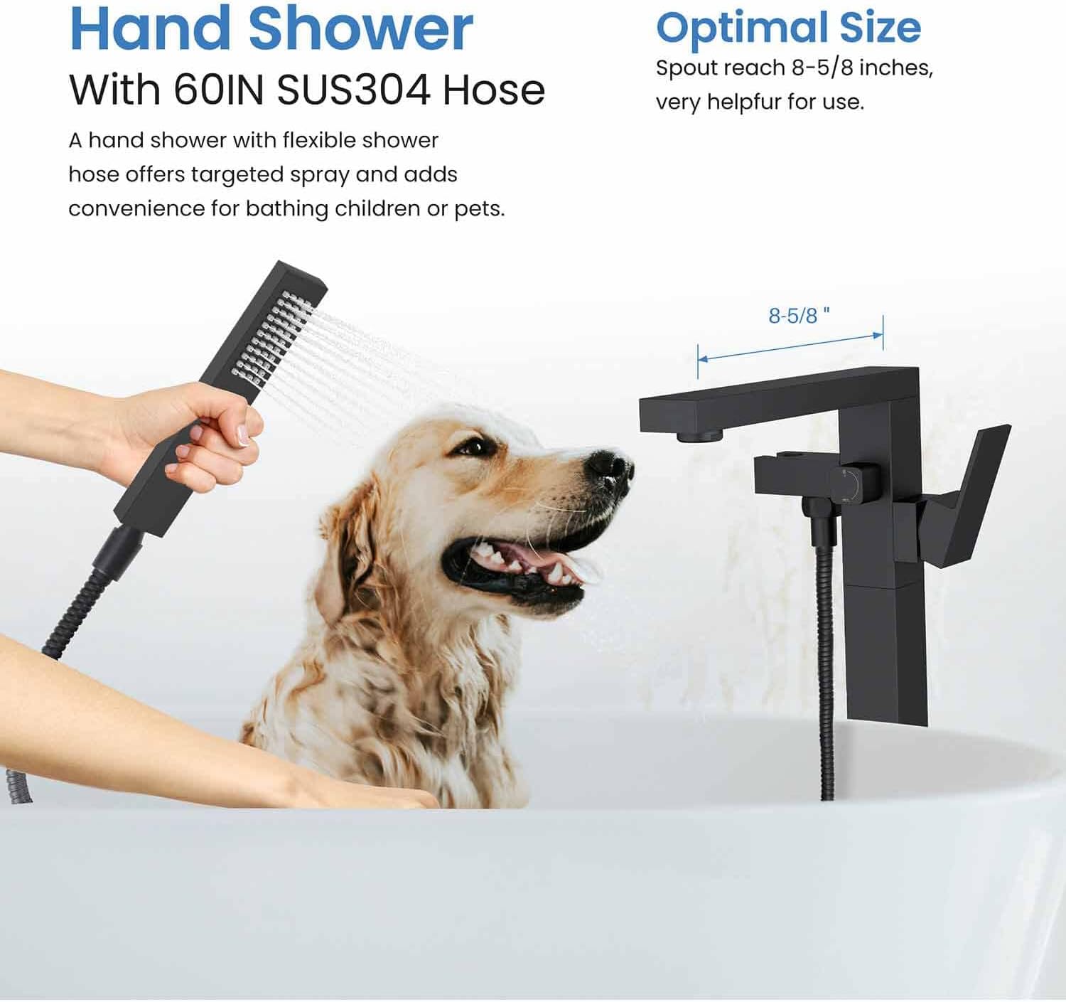 KIBI Freestanding Bathtub Faucet with Hand Shower, Floor Mounted Tub Filler - Single Handle Solid Brass Bathroom Faucet with 360 Swivel Spout, Cube Matte Black