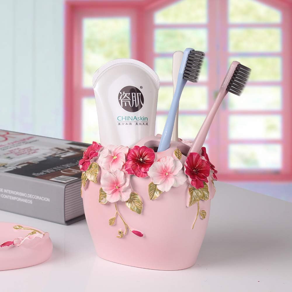 Bathroom Accessories Set Creativity Romantic Wedding Bath Set Resin Bath Ensemble Includes Toothbrush Holder, 2 Tumblers, Liquid Soap Dispenser, Soap Dish,Pink