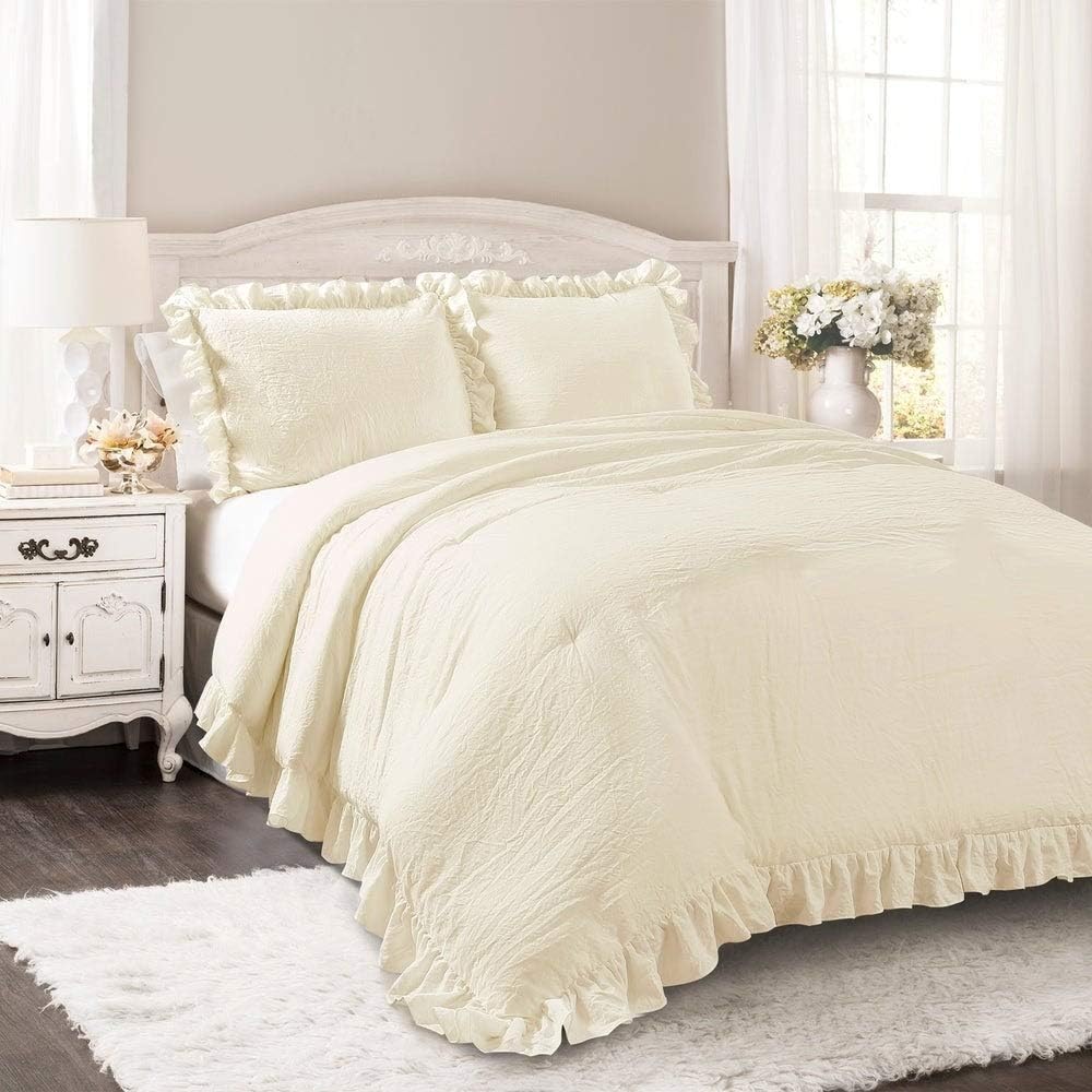Lush Decor Reyna Ruffle Comforter Set - 3 Piece Cozy Ruffled Bedding Set - Timeless Elegance and Comfort for Dorm Room - Full/ Queen, White