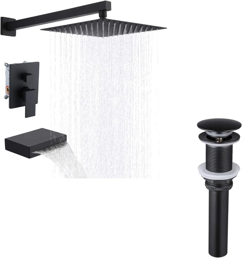KES Tub and Shower Faucet Set Bathroom Sink Drain Without Overflow, XBN6240-BK+S2008D-BK-TEM