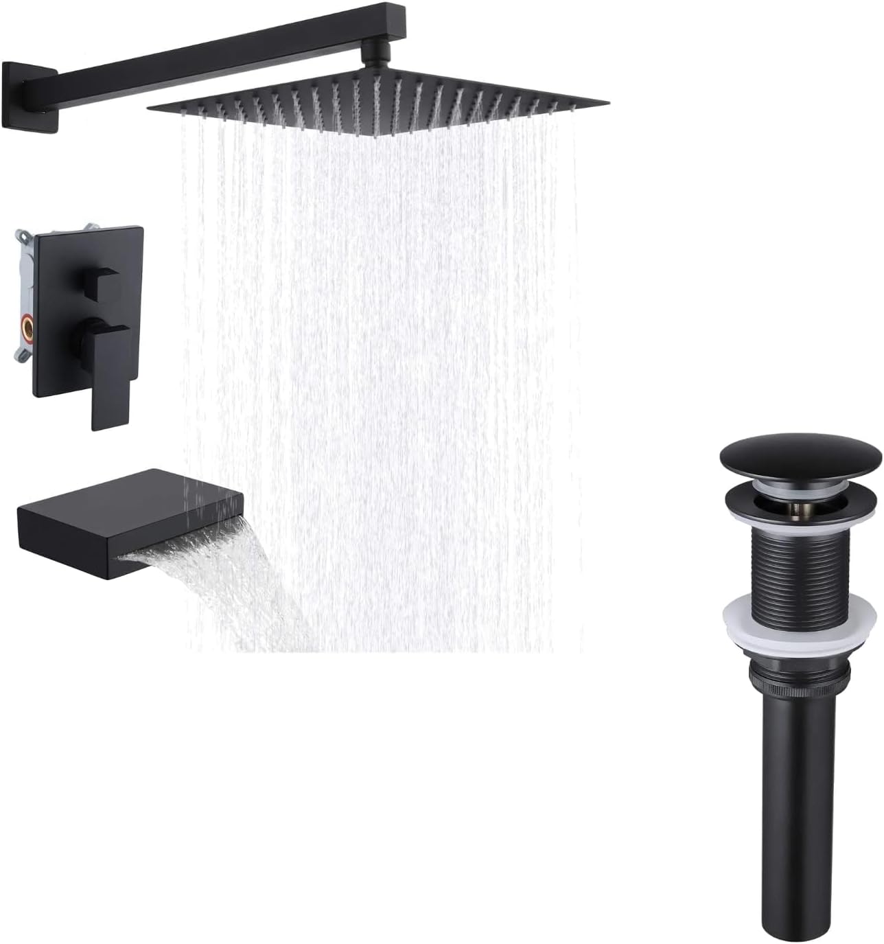 KES Tub and Shower Faucet Set Bathroom Sink Drain Without Overflow, XBN6240-BK+S2008D-BK-TEM