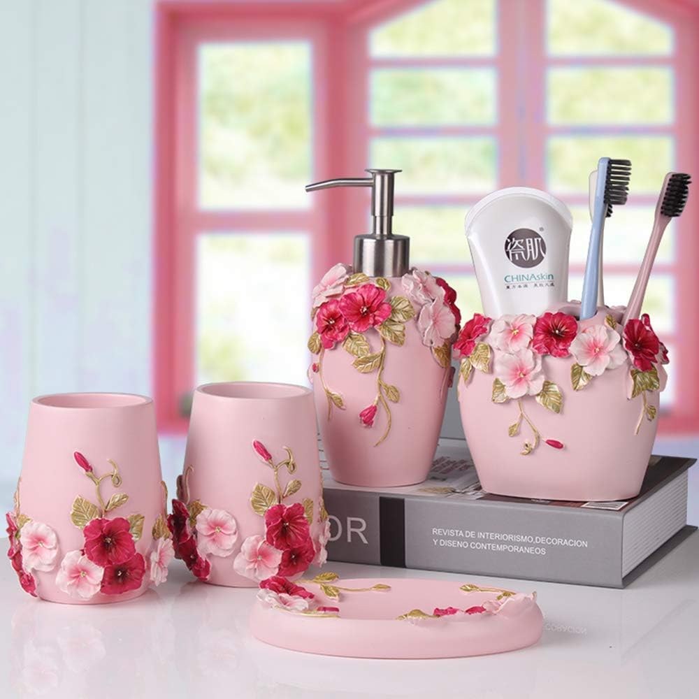 Bathroom Accessories Set Creativity Romantic Wedding Bath Set Resin Bath Ensemble Includes Toothbrush Holder, 2 Tumblers, Liquid Soap Dispenser, Soap Dish,Pink