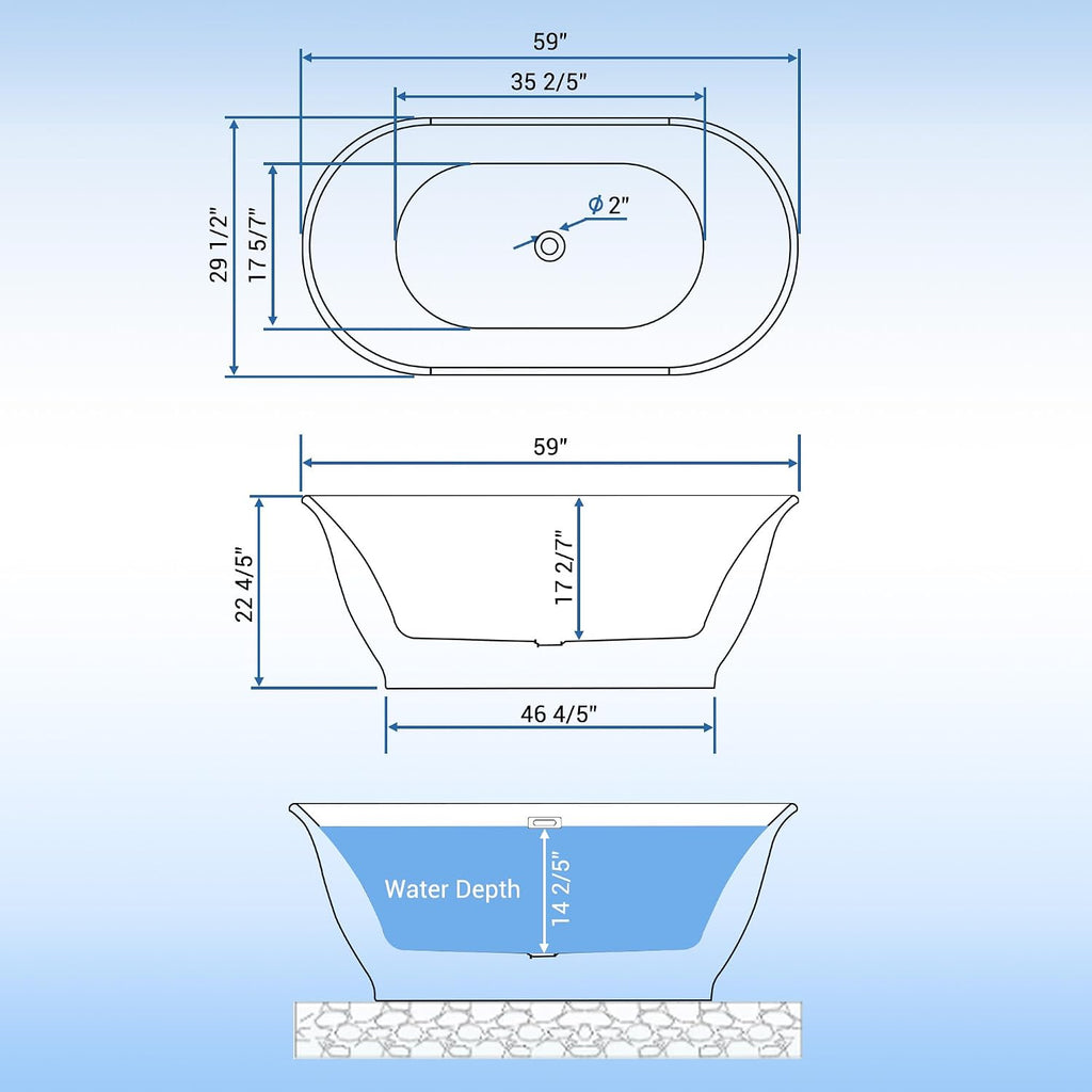 59 Inch Freestanding Bathtub Acrylic Oval Rim Soaking Tub with Chrome Pop-Up Drain, Gray Exterior White Interior Therapeutic Design for Bathroom Relaxation, Easy Install
