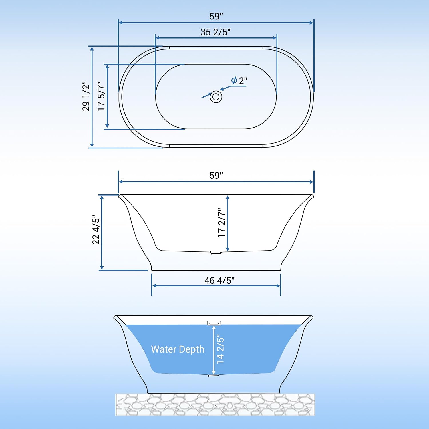 59 Inch Freestanding Bathtub Acrylic Oval Rim Soaking Tub with Chrome Pop-Up Drain, Gray Exterior White Interior Therapeutic Design for Bathroom Relaxation, Easy Install