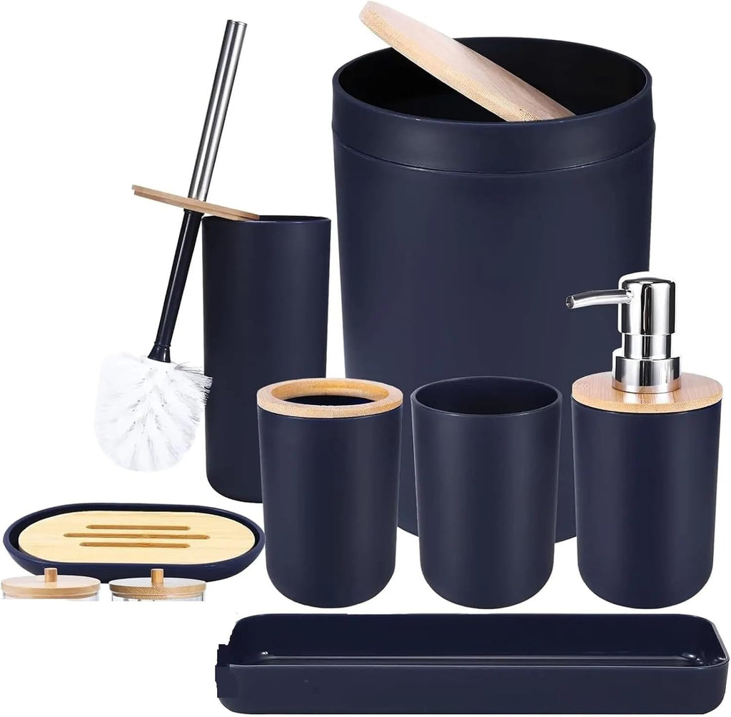 Bathroom Accessories Set Navy Blue Bathroom Decor Sets with Trash Can,Toilet Brush,Toothbrush Holder, Lotion Soap Dispenser,