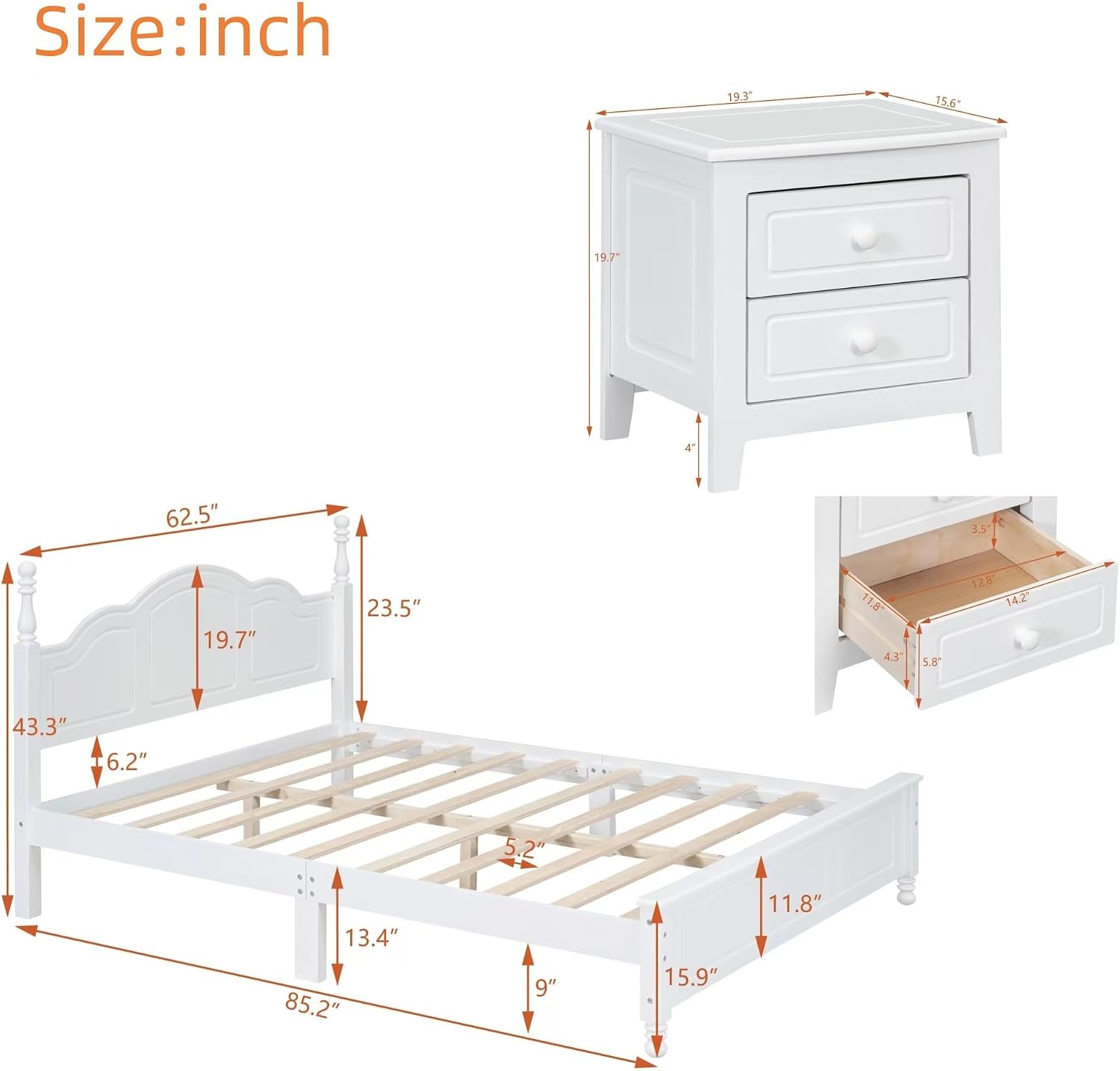 3-Pieces Bedroom Sets, Retro Style Queen Size Platform Bed with Wooden Slat Support and Headboard, Wooden Bedroom Furniture Set with 2 Nightstands for Kids Teens Adults Bedroom (White + Wood 063)