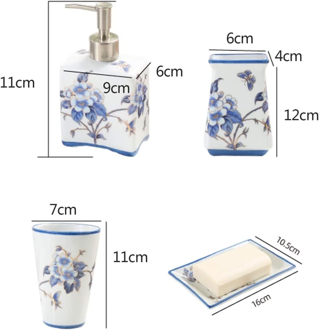 Soap Dispenser Set Chinese Traditional Flowers Ceramic Full Bathroom Accessory Set Blue Flower and Bird Bathroom Kit Bathrooms Sets(5-Piece Set)