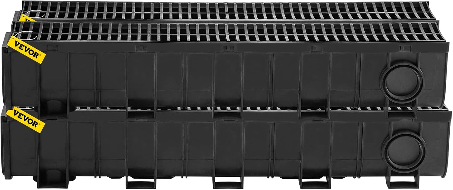 VEVOR Trench Drain System 4 Pack, Channel Drain with Plastic Grate 5.9 x 7.5 in HDPE Drainage Trench, Black Plastic Garage Floor Waterway 4 x 39 in with 4 End Caps for Garden Driveway