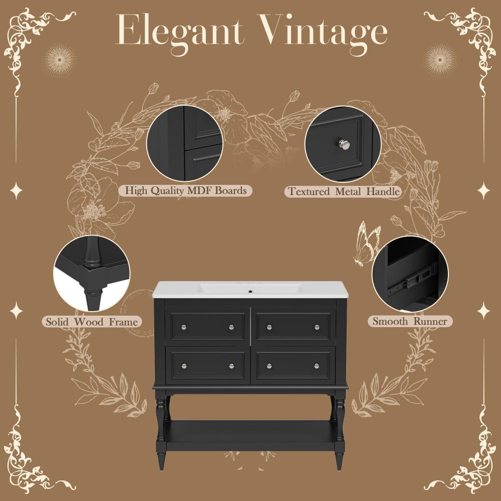 36 Inch Bathroom Vanity with Undermount Ceramic Sink, Free Standing Cabinet with 4 Drawers, Solid Wood Frame Modern Storage Set, Complete Single Basin Vanity for Bathroom (Black)