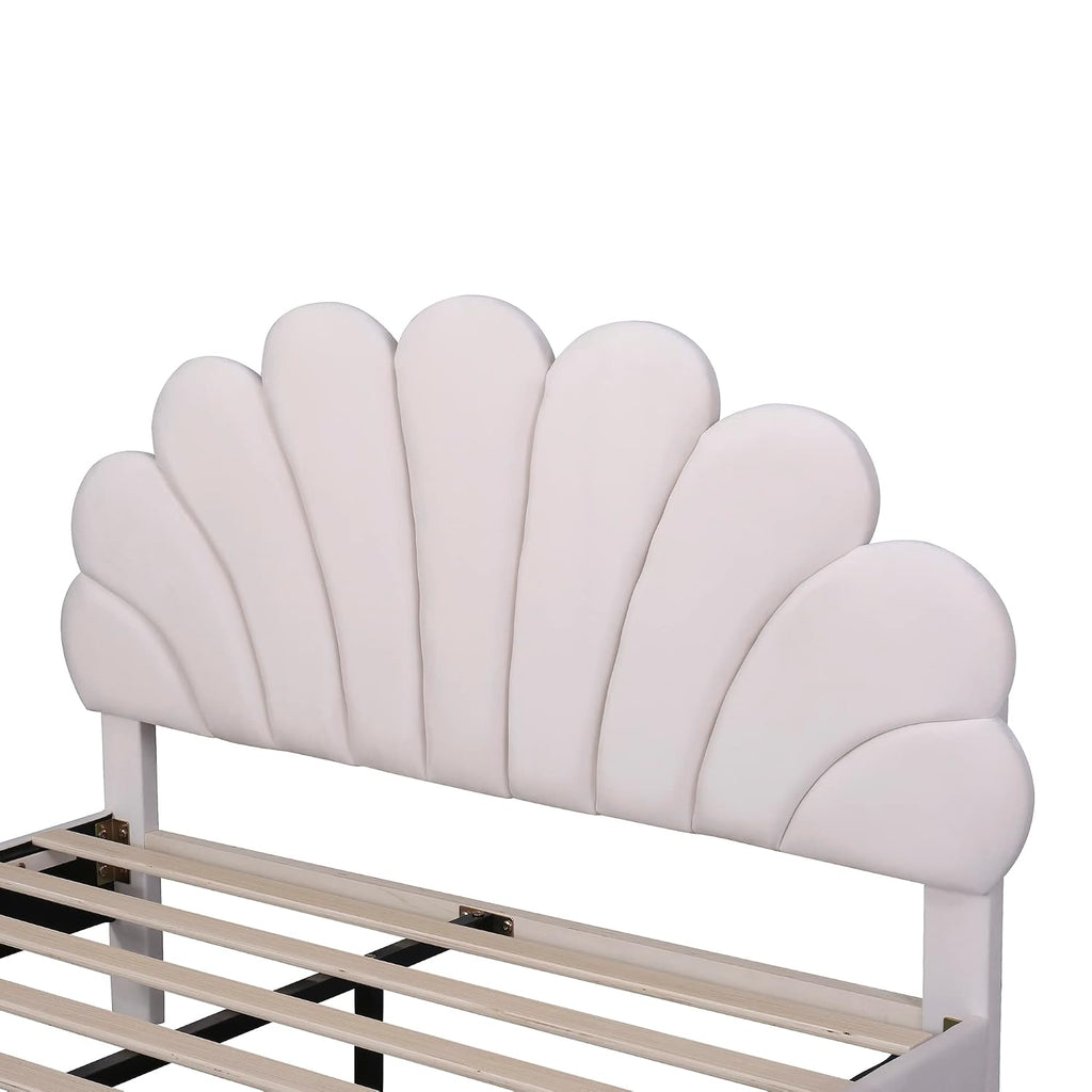 Full Size Velvet Upholstered Platform Bed with Flower Pattern Headboard,Bed Frame W/Wood Slat Support,for Bedroom,Apartment,Guest Room,Beige