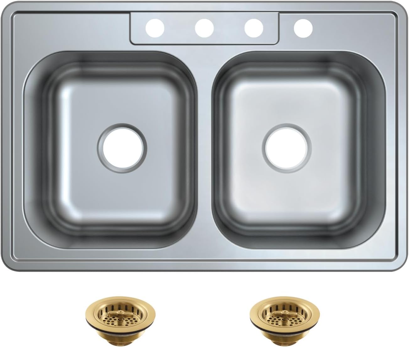 Kingston Brass Studio KGKTD332287 33' Stainless Steel Self-Rimming Double Bowl Drop-In Kitchen Sink with 4-Hole Drain and Strainer, Stainless Steel/Brushed Brass