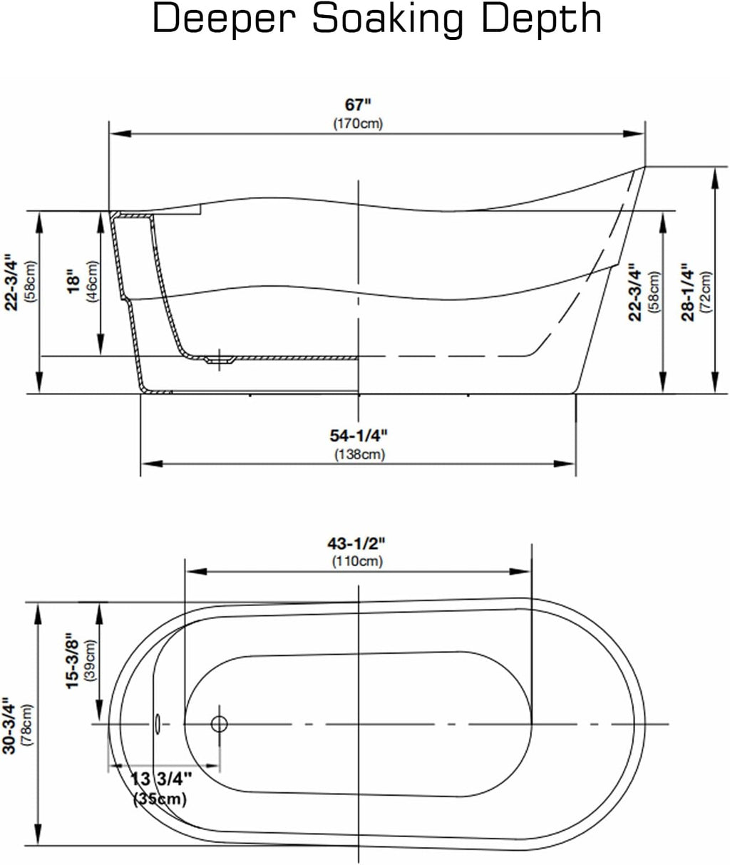 Empava Bathtub, 67' Soaking Tub, Acrylic Free Standing Tub with End Drain and Overflow, Contemporary Design Bathtub for Bathroom, cUPC Certified, Glossy White