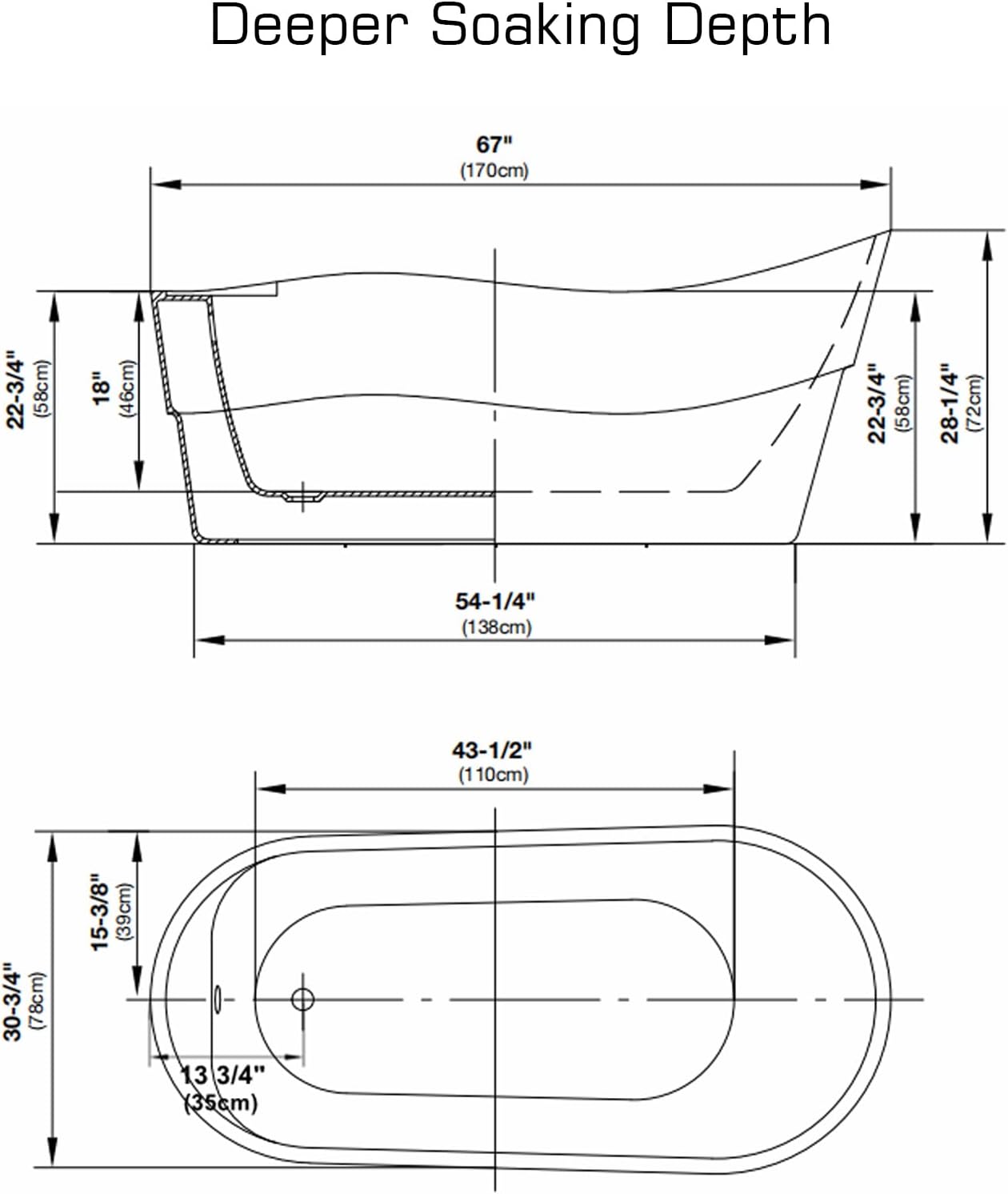 Empava Bathtub, 67' Soaking Tub, Acrylic Free Standing Tub with End Drain and Overflow, Contemporary Design Bathtub for Bathroom, cUPC Certified, Glossy White