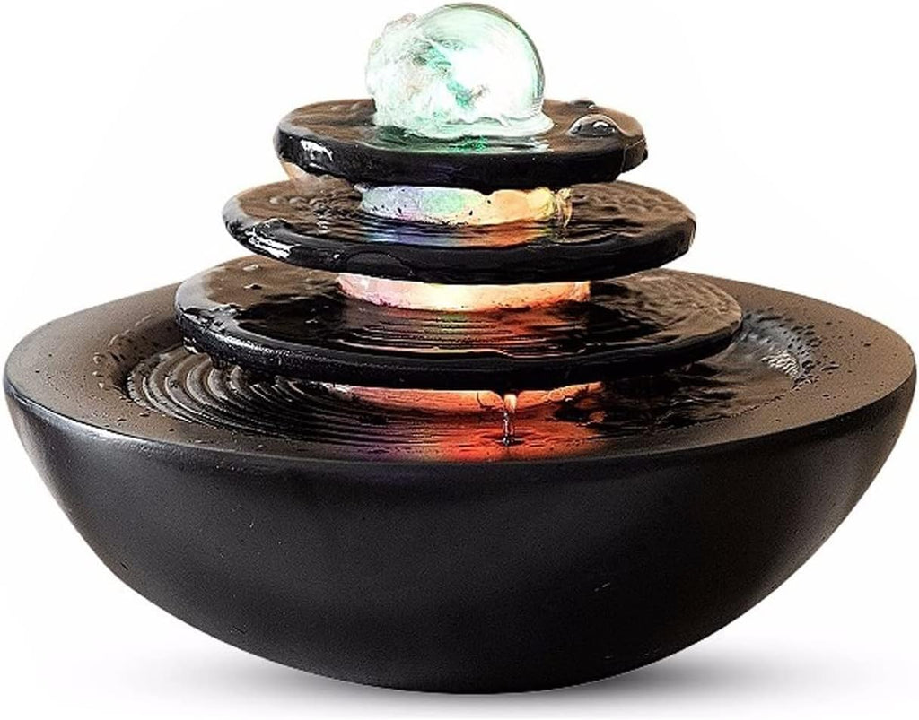 HIHELO Desktop Fountain Indoor Tabletop Fountain Waterfall Home Decor Relaxation Fountain 3 Tier Disc and Round Basin with LED Light Roller Ball Water Fountain Outdoor (Color : C)