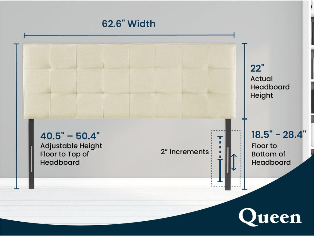 Naomi Home Jessenia Queen Headboard – Linen Upholstered Adjustable Tufted Panel with Padded Surface, Wall or Bed Frame Mount – Cream