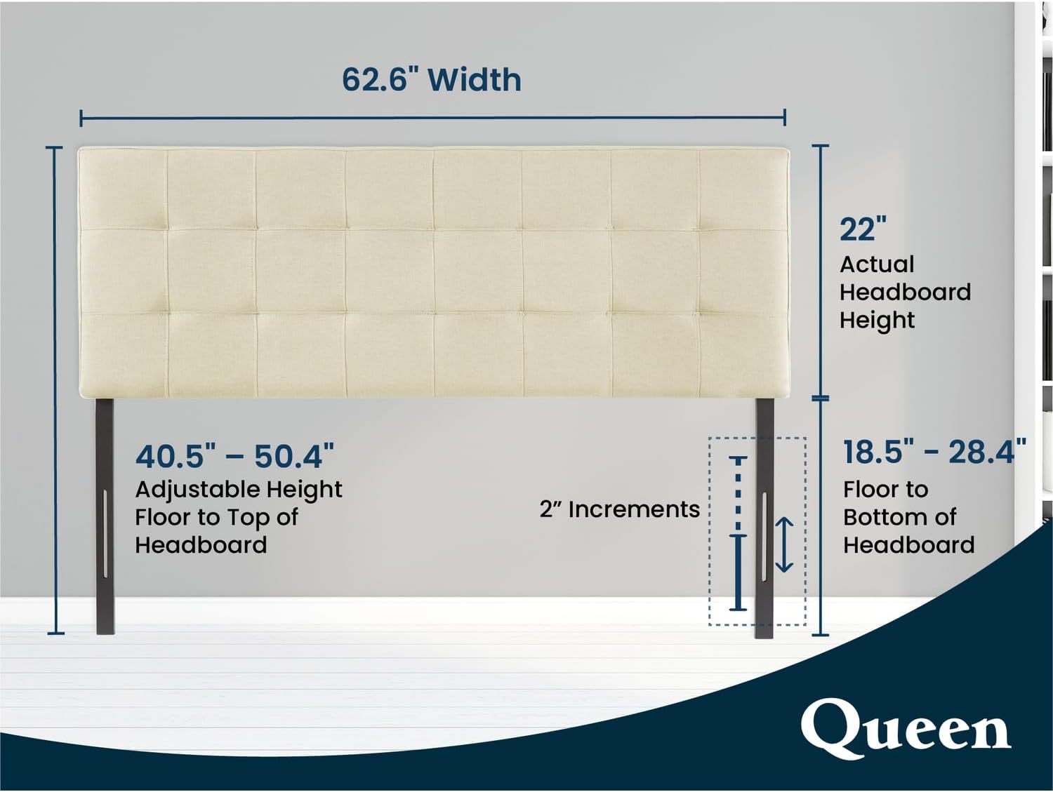 Naomi Home Jessenia Queen Headboard – Linen Upholstered Adjustable Tufted Panel with Padded Surface, Wall or Bed Frame Mount – Cream