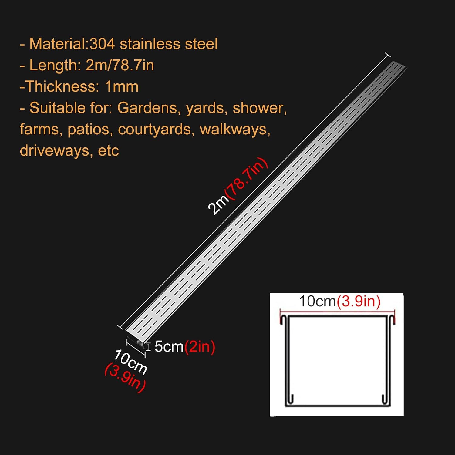 78.7in/ 6.5ft Long Trench Drain System for Yard Low Profile/ Patio/ Driveway, Heavy Duty 2-in Slim Channel Drain and Grate Kit, 4' 2 4/5 Wide Stainless Steel Outdoor Linear Drain Channel(W x H - 4x2')