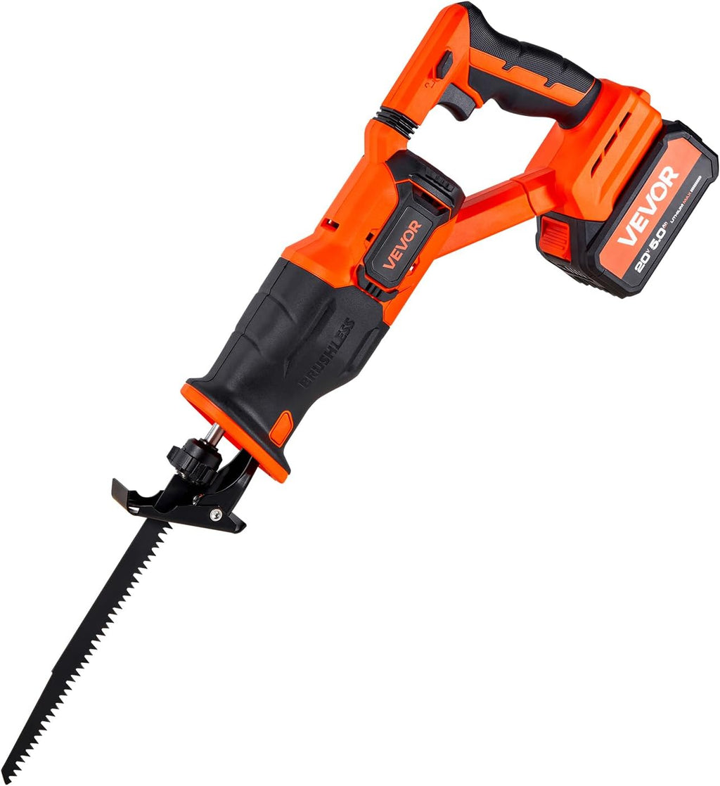 VEVOR 20V Brushless Reciprocating Saw, Cordless Reciprocating Saw with Battery, 3000 SPM Variable Speed, 1' Stroke Length Charger, 8 Blades, and Carrying Bag, for Wood, Metal and Plastic Cutting