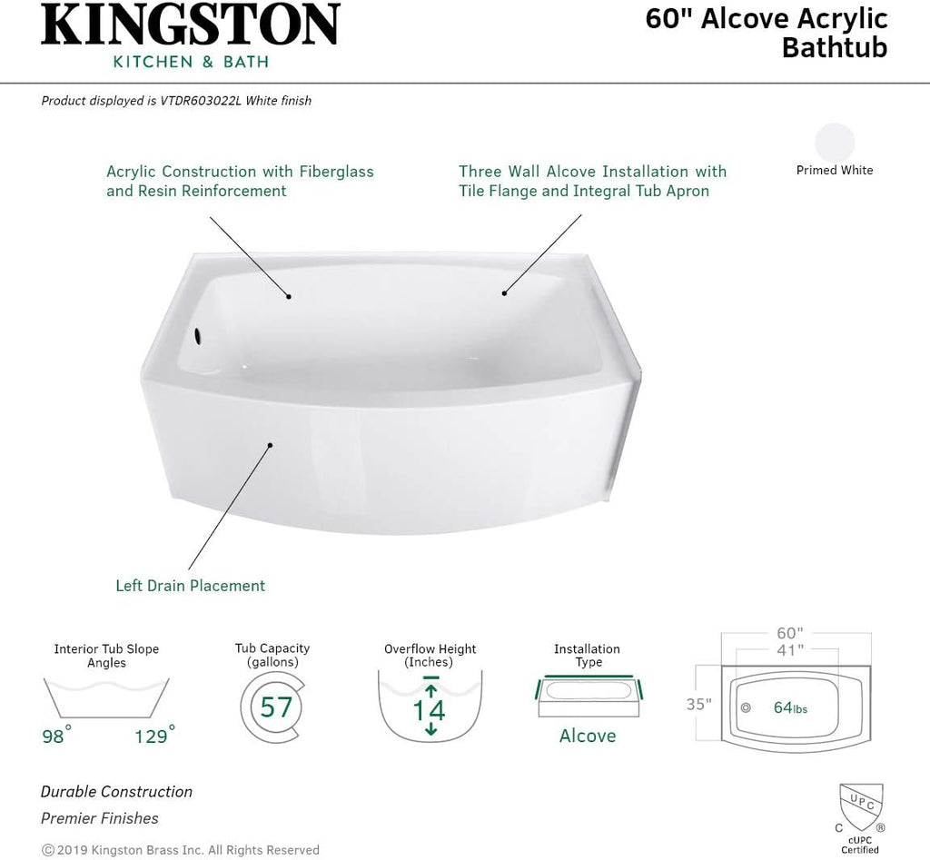 Aqua Eden VTDR603022L 60-Inch Acrylic Curved Apron 3-Wall Alcove Tub with Left Hand Drain Hole, White
