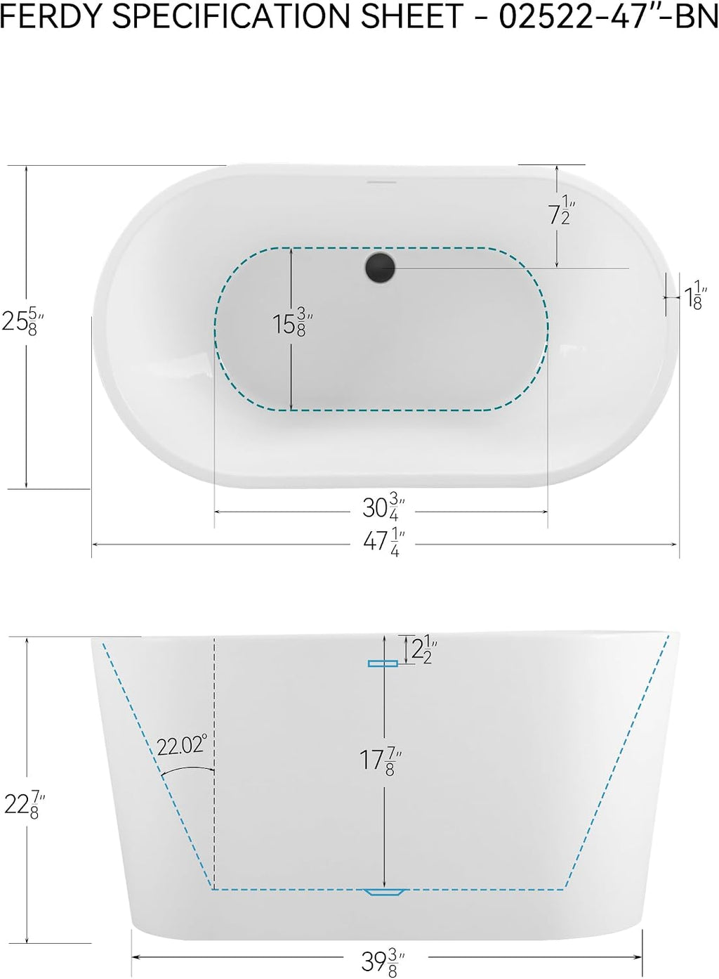 FerdY Shangri-La 47' Acrylic Freestanding Bathtub, Small Classic Oval Shape Acrylic Soaking Bathtub with Matte Black Drain & Minimalist Linear Design Overflow, Modern White, cUPC Certified
