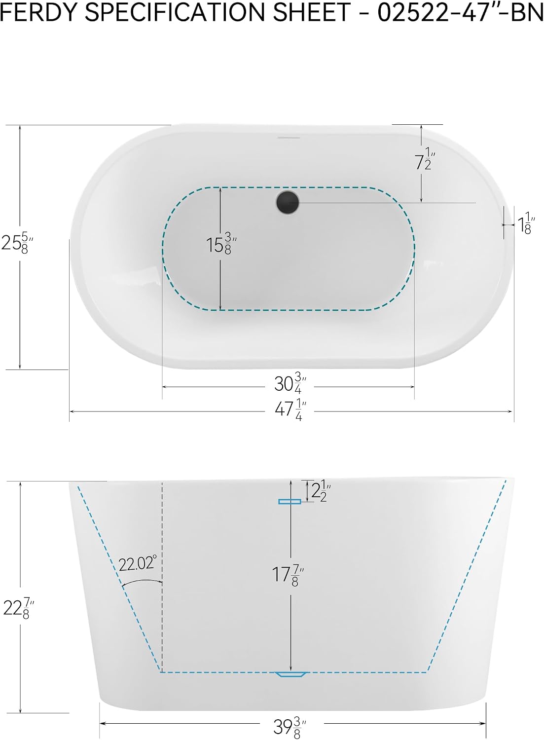 FerdY Shangri-La 47' Acrylic Freestanding Bathtub, Small Classic Oval Shape Acrylic Soaking Bathtub with Matte Black Drain & Minimalist Linear Design Overflow, Modern White, cUPC Certified