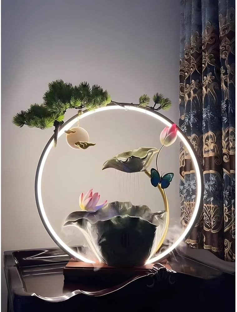GZHERVICES Tabletop Fountains, 3D Indoor Waterfall with LED Light Ring and Backflow Incense Burner, Indoor Rain Curtain Waterfall Water Feature with Mist