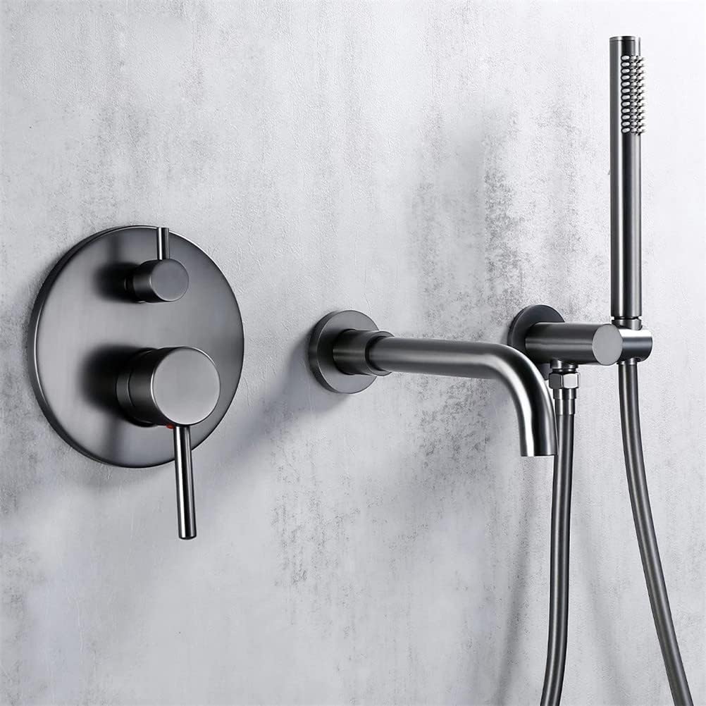 Bathtub Faucet with Shower, Tub Taps Hot and Cold Bathroom Faucet Brushed Brass Shower Faucet Diverter, with Wall Mount Spout Handheld Hose Bathtub Filler Mixer Tap Set, Gray