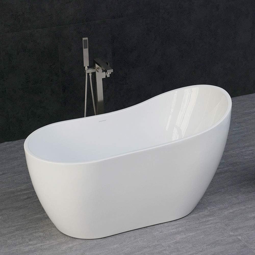 WOODBRIDGE Acrylic Freestanding Contemporary Soaking Tub with Brushed Nickel Overflow and Drain, B-0006 / BTA1507, 54' Bathtub White